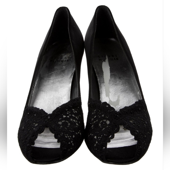 STUART WEITZMAN Chantelle Satin + Lace Peep Toe Heels - Picture 3 of 6